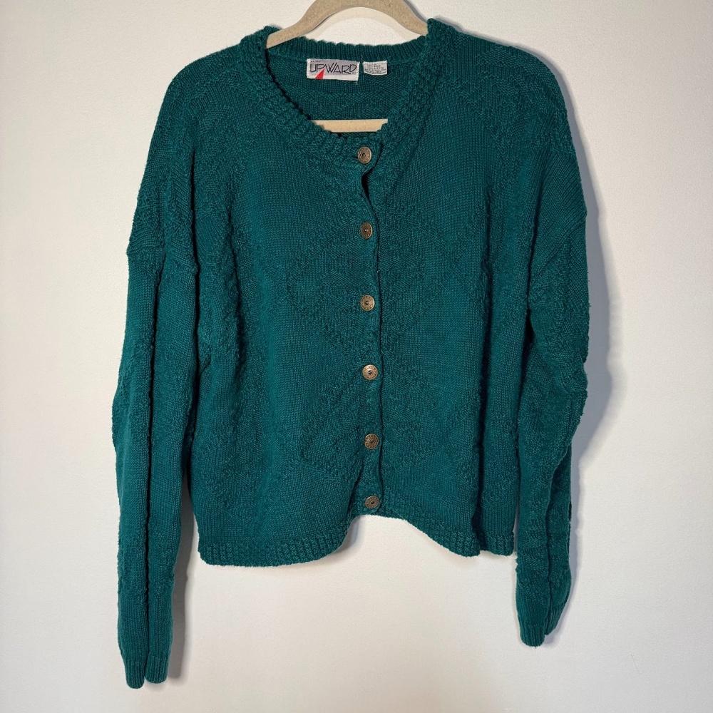 Vintage 90s Emerald Teal Chunky Knit Cardigan Sweater Celestial Sun Buttons